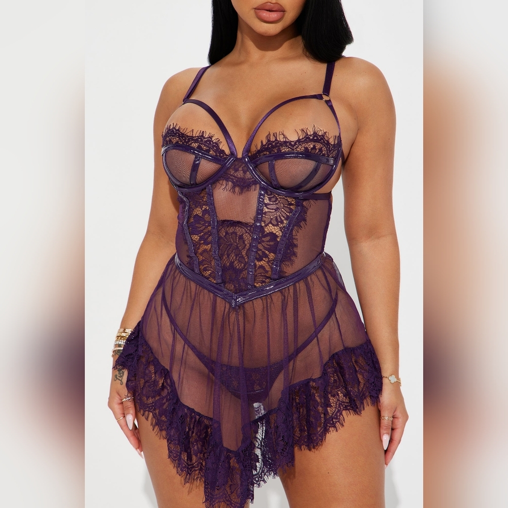 Read My Lips Lace Babydoll Lingerie Sleepwear Very Sexy Set Purple View 2